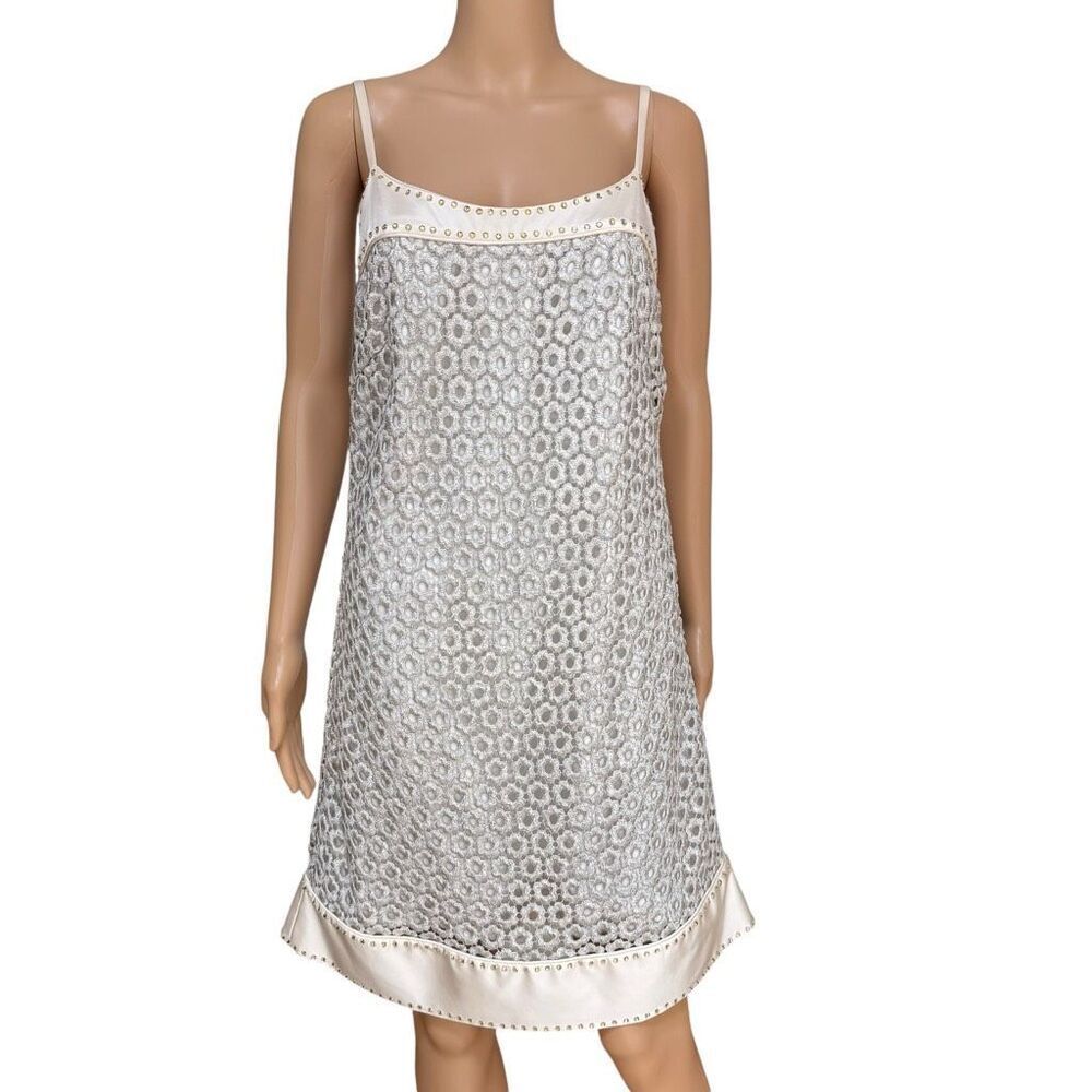 Laundryβby Shelli Segal Dress Silver Embroidered Lace Silk Trim Studded Slip 8